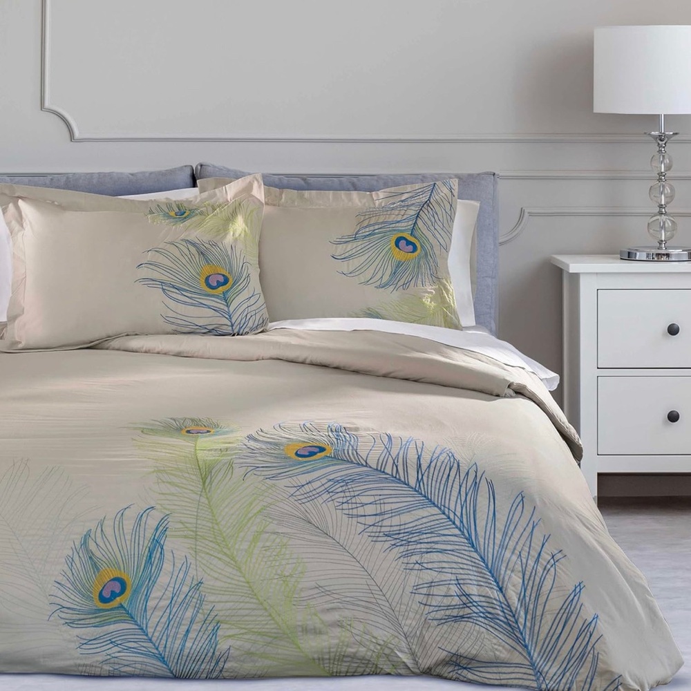 3-Piece King/California King, Single Ply,Embroidered Peacock Duvet Cover Set